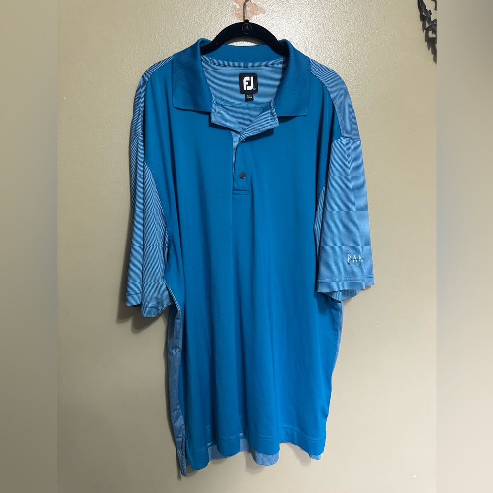FootJoy men's golf polo shirt in blue‎ and teal with striped sleeves, Size L